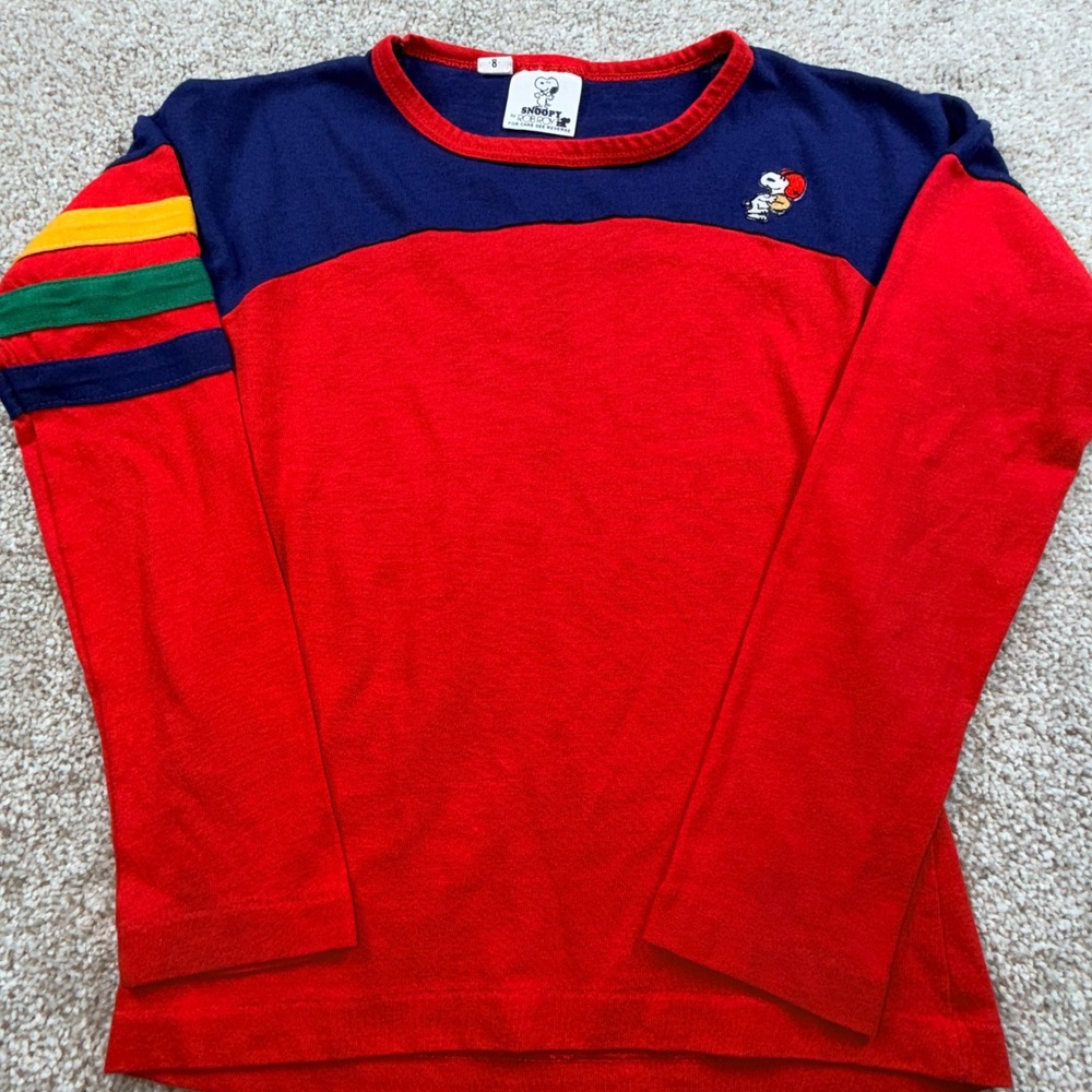 Vintage Snoopy Rob Roy Kids Red Blue‎ Striped Long Sleeve Shirt Peanuts Size 8
